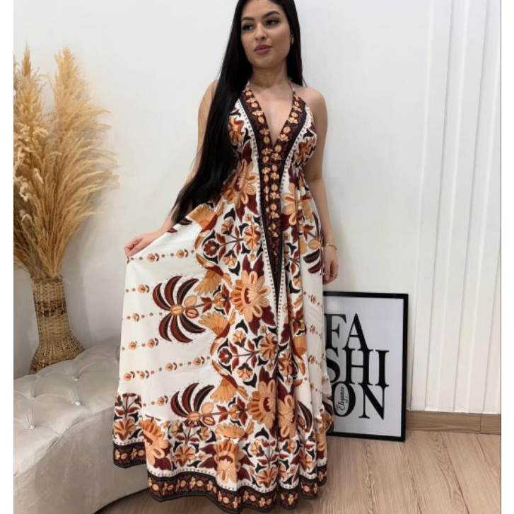Vestido Feminino Longo Estilo Indiano Boho Chic estampado  Alças Amarração e Costas Nuas em Oferta na Shopee