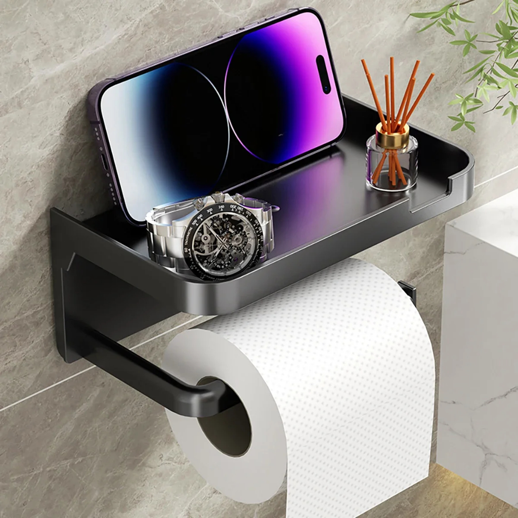Suporte Porta Papel Higiênico com Suporte para Celular Fixação Sem Furo Com Adesivo