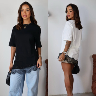 Max tee 100% algodão com renda na barra assimetrica, blusão elegante em Oferta na Shopee