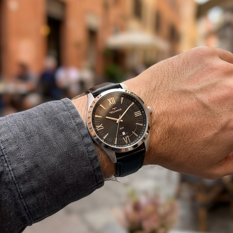Technos Masculino Resistente Água Relógio Aço Prata Pulseira Couro Calendário 2115MZPS/0P