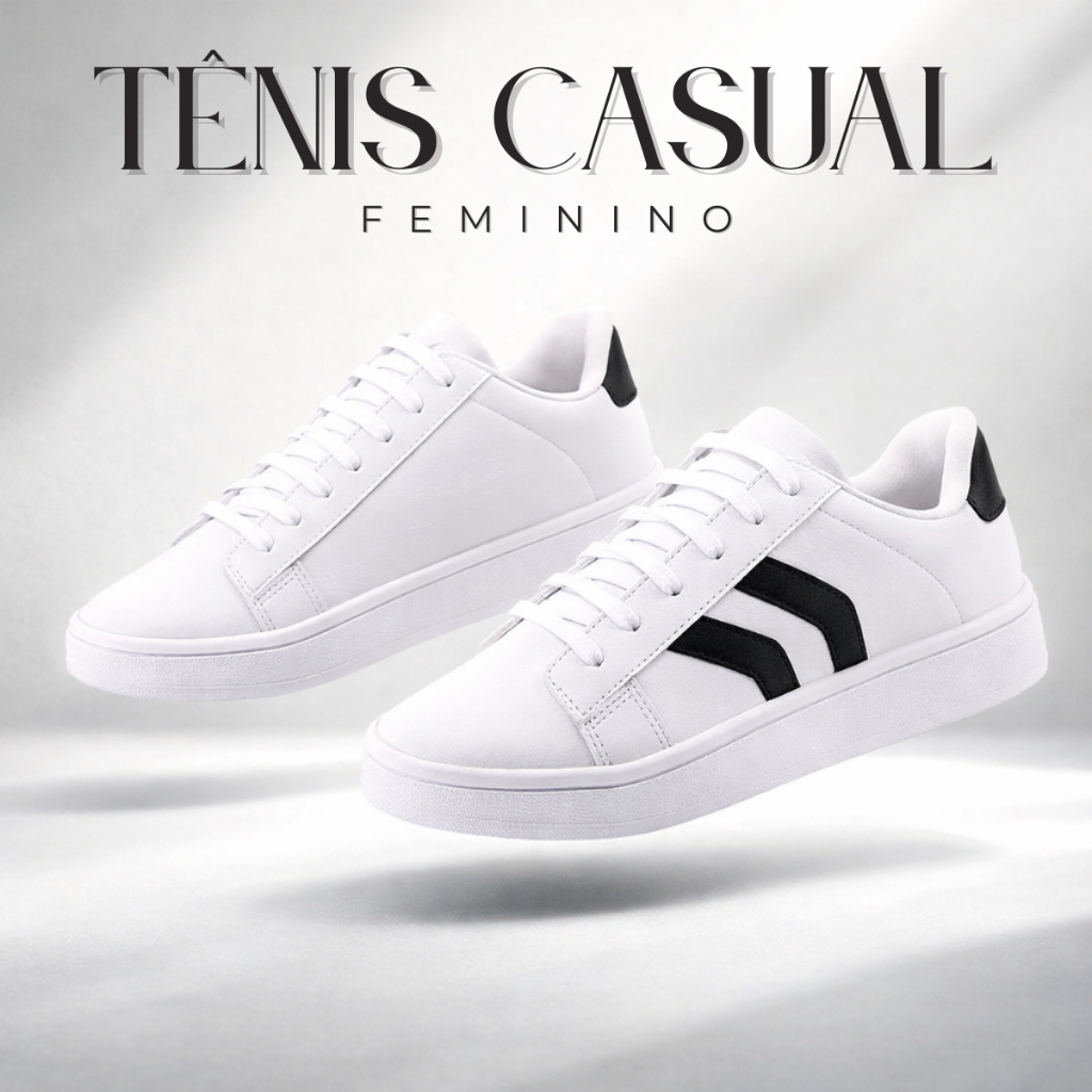 Tênis Feminino Casual Branco com Detalhes em Preto Conforto Estilo Para o Dia a Dia