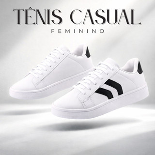 Tênis Feminino Casual Branco com Detalhes em Preto Conforto Estilo Para o Dia a Dia