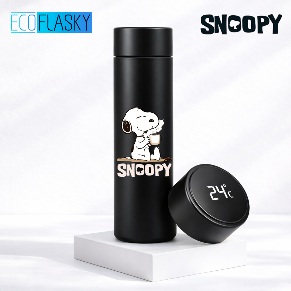 Garrafa Térmica de Água Infantil Estampada Snoopy 500ml Medidor Temperatura Termometro LED Digital