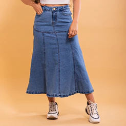 Saia Jeans Midi Elegante Confortavel Moda Evangélica Feminina Casual Chique