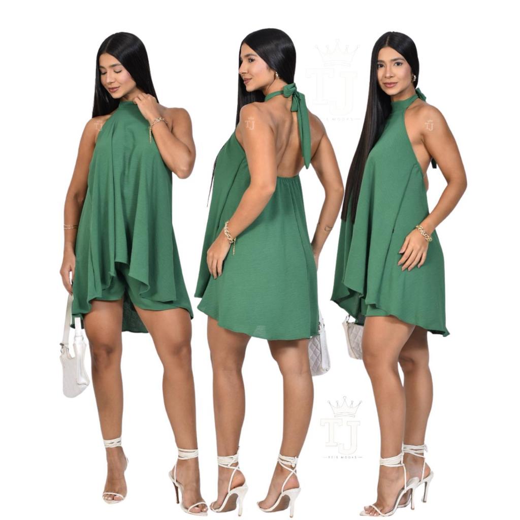 Conjunto Feminino Frente Única Estilo Vestido Macaquinho Soltinho Com Decote nas Costa Tendência Gola Alta Amarração em Oferta na Shopee