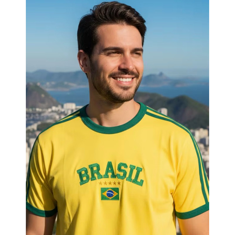Camiseta Masculina Bandeira Do Brasil Bordada Unissex 100% Algodão