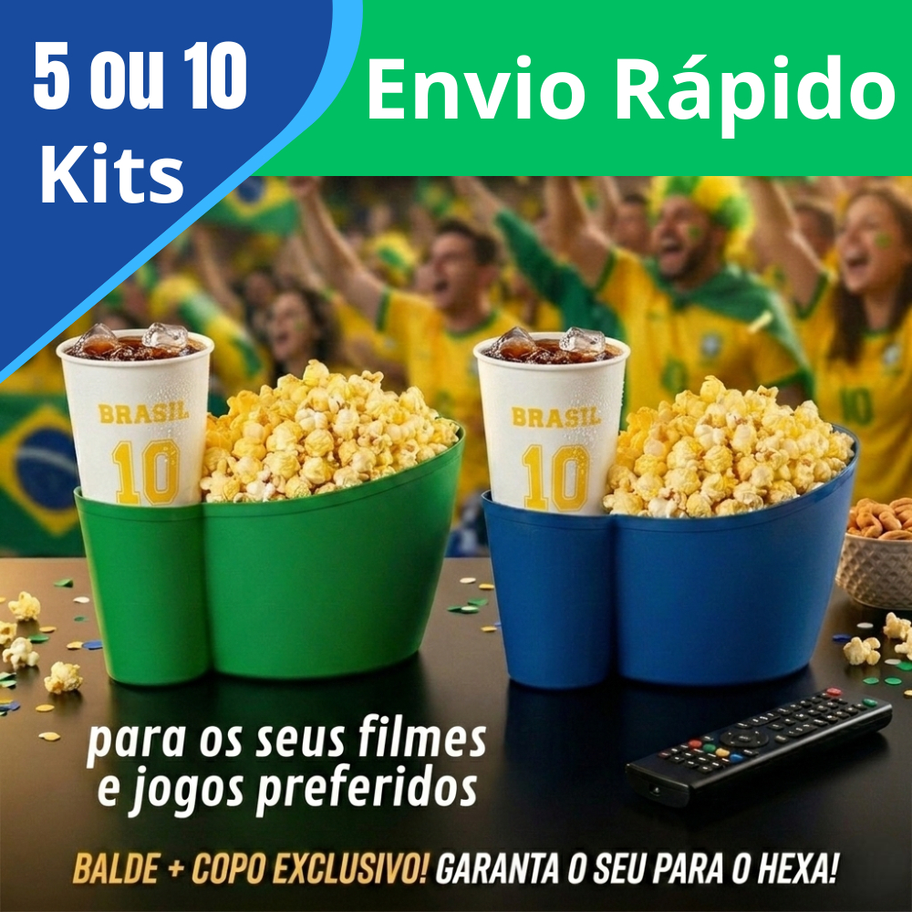 Kit 5 ou 10 Balde De Pipoca com Copo de Brinde Copa do Mundo Jogos Futebol Filme Cinema Baldinho Barato