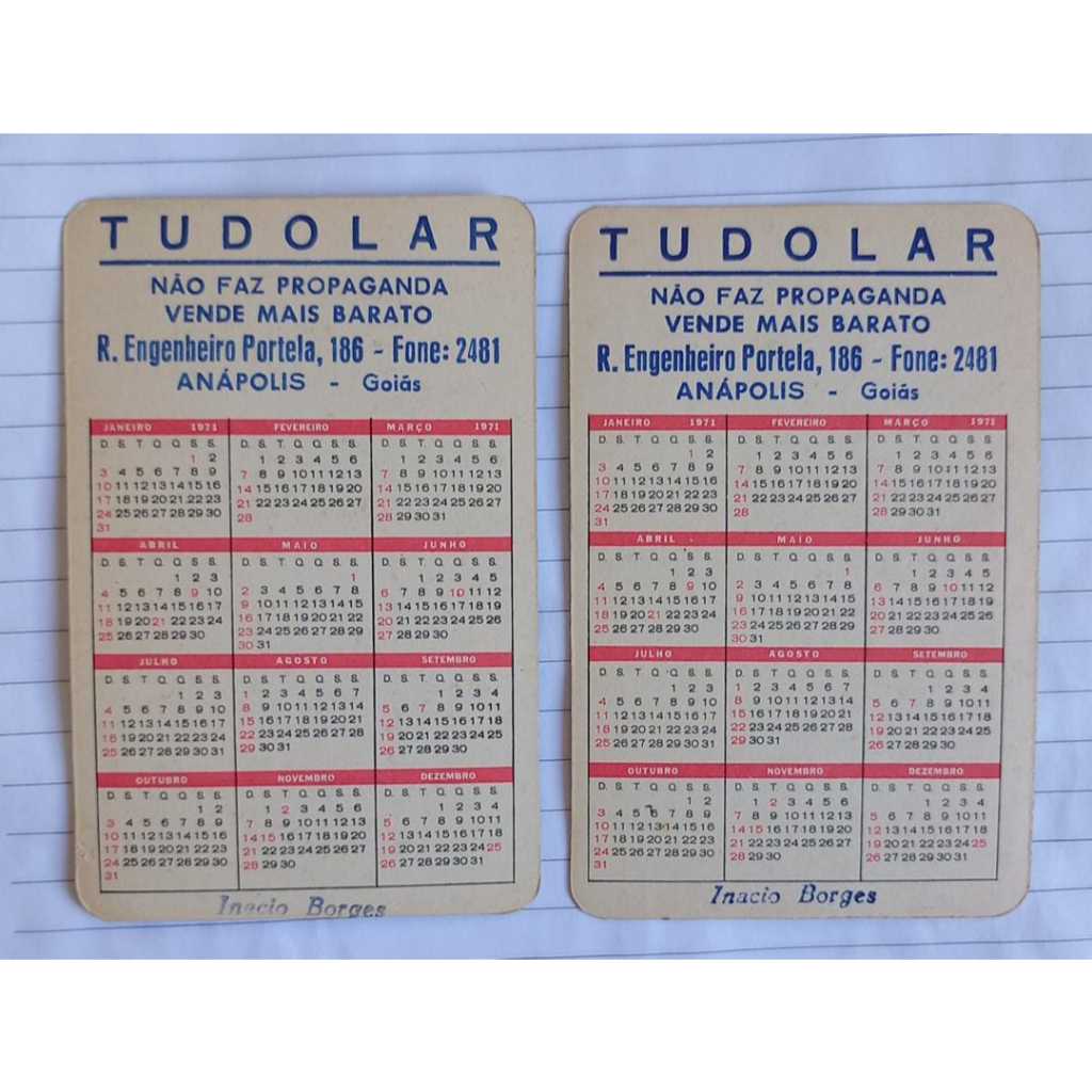 Tudolar – Anápolis – Goiás – Calendários 1971 com Nudez Feminina