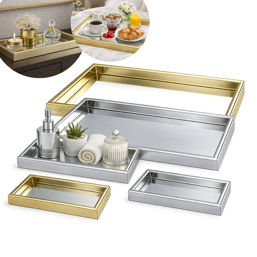 Bandeja Espelhada Decorativa Luxo Dourada Prata Organizador Sala Lavabo Banheiro Quarto