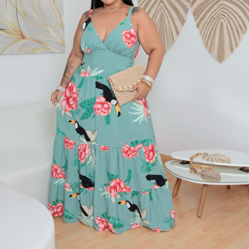 Vestido longo alça plus size forrado 50/54 - Liane em Oferta na Shopee