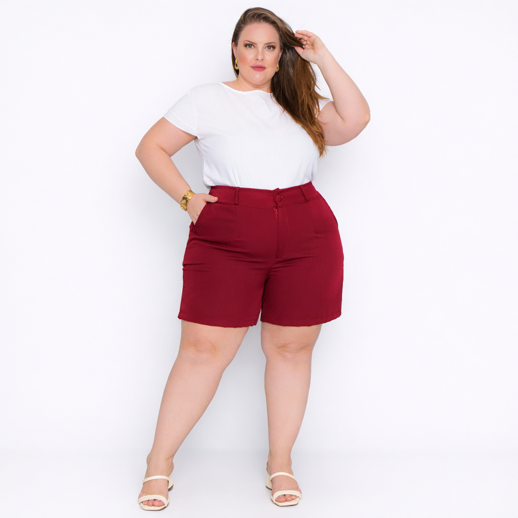 Short Plus Size Feminino Botão Coberto Elastico Embutido Moda Casual Verão Moda Plus Size Short Alfaitaria G1-G4