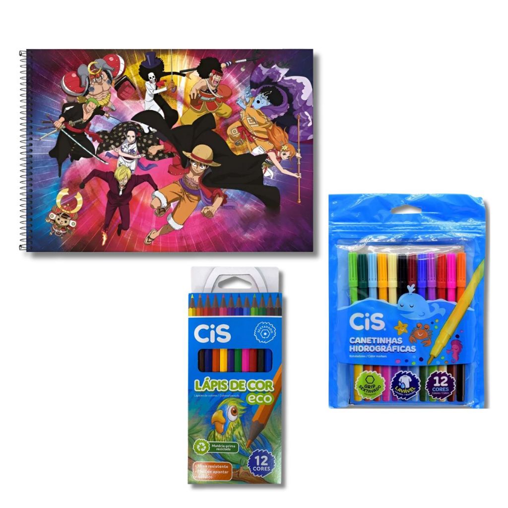 KIT DESENHO LAPIS DE COR E CANETINHA CIS + CADERNO CARTOGRAFIA CAPA DURA 80FLS ONE PIECE 26 TILIBRA