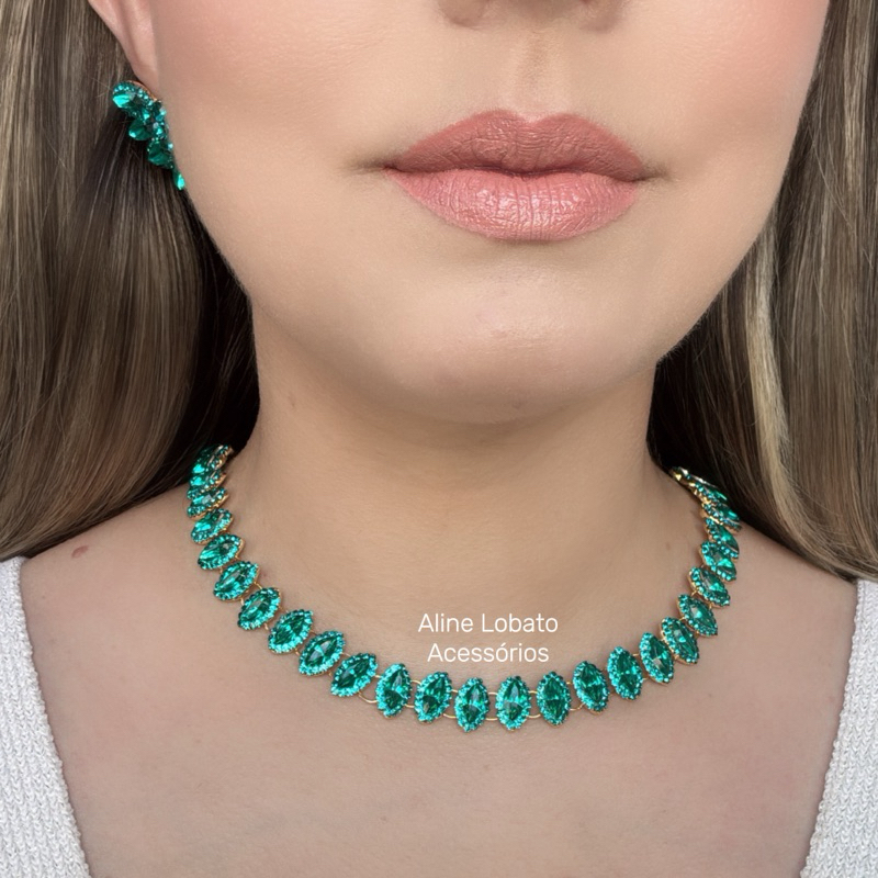 Colar Azul Turquesa Pedrarias de Festa para Madrinhas e Formandas Luxo