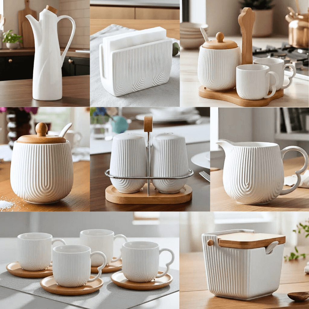 Xicaras Açucareiro Jarra Porta Guardanapo Saleiro Azeiteiro Oasis Cerâmica Branca e Bambu