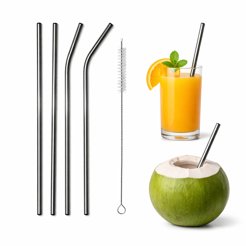 Kit 4 Canudos Inox com Escova Limpadora Prático Ecológico Resistente Perfeito para Bebidas e Drinks