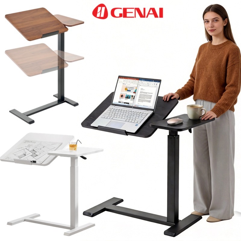 Mesa de Canto Ajustável de Altura Pneumática Mesa para Notebook Reversível de Dupla Face 3 Cores-Preta, Branca, Nogueira