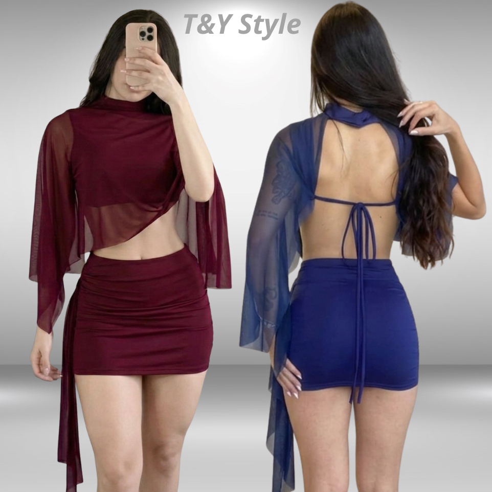 Conjunto Feminino Top Tule Manga Longa + Saia Curta Suplex | Moda Gringa Justo Modelador | Roupa Feminina Festa Balada em Oferta na Shopee