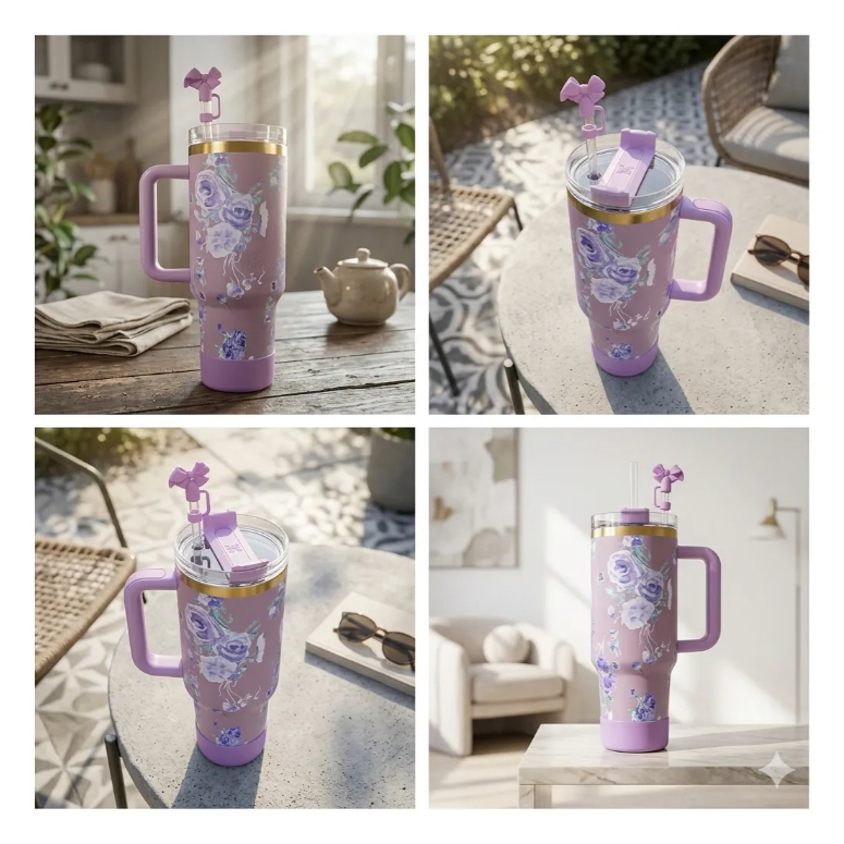 Garrafa 1200ml Térmica Estampa Floral C/ Capinha Silicone Na Base + Tampa Para Canudo