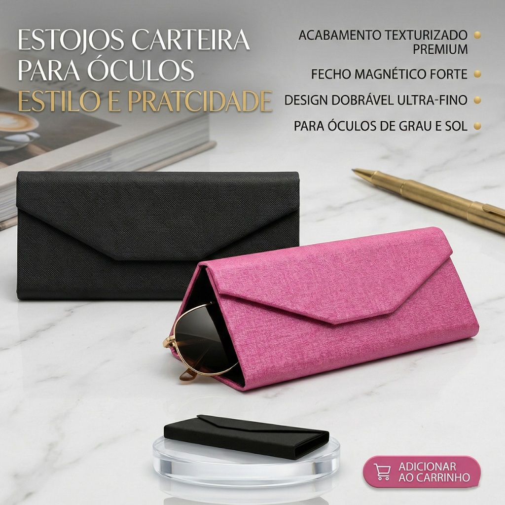 Estojo Carteira+ Flenela Premium Triangular para Óculos com Fecho Magnético