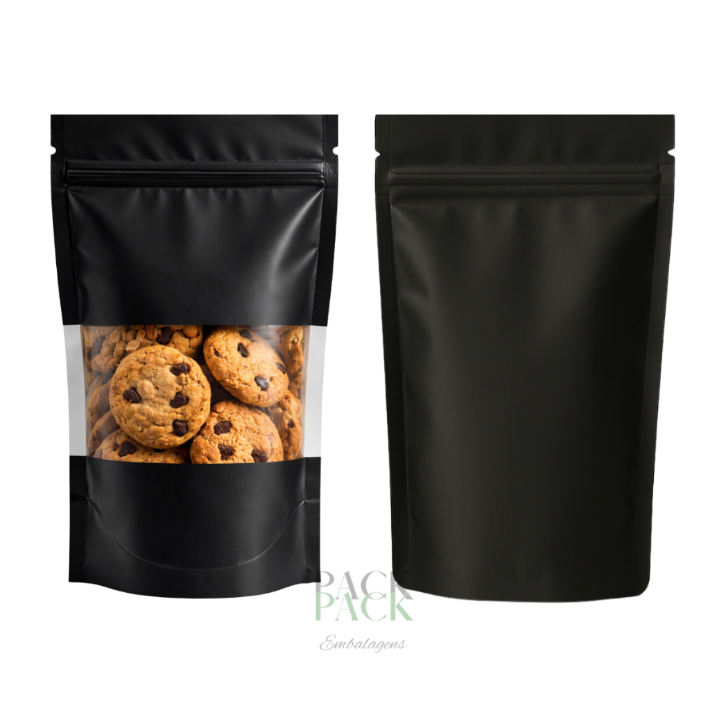 SACO STAND UP POUCH PRETO METALIZADO PCT C/25 Tamanho:09X13cm - SACO PARA ALIMENTOS E ITENS