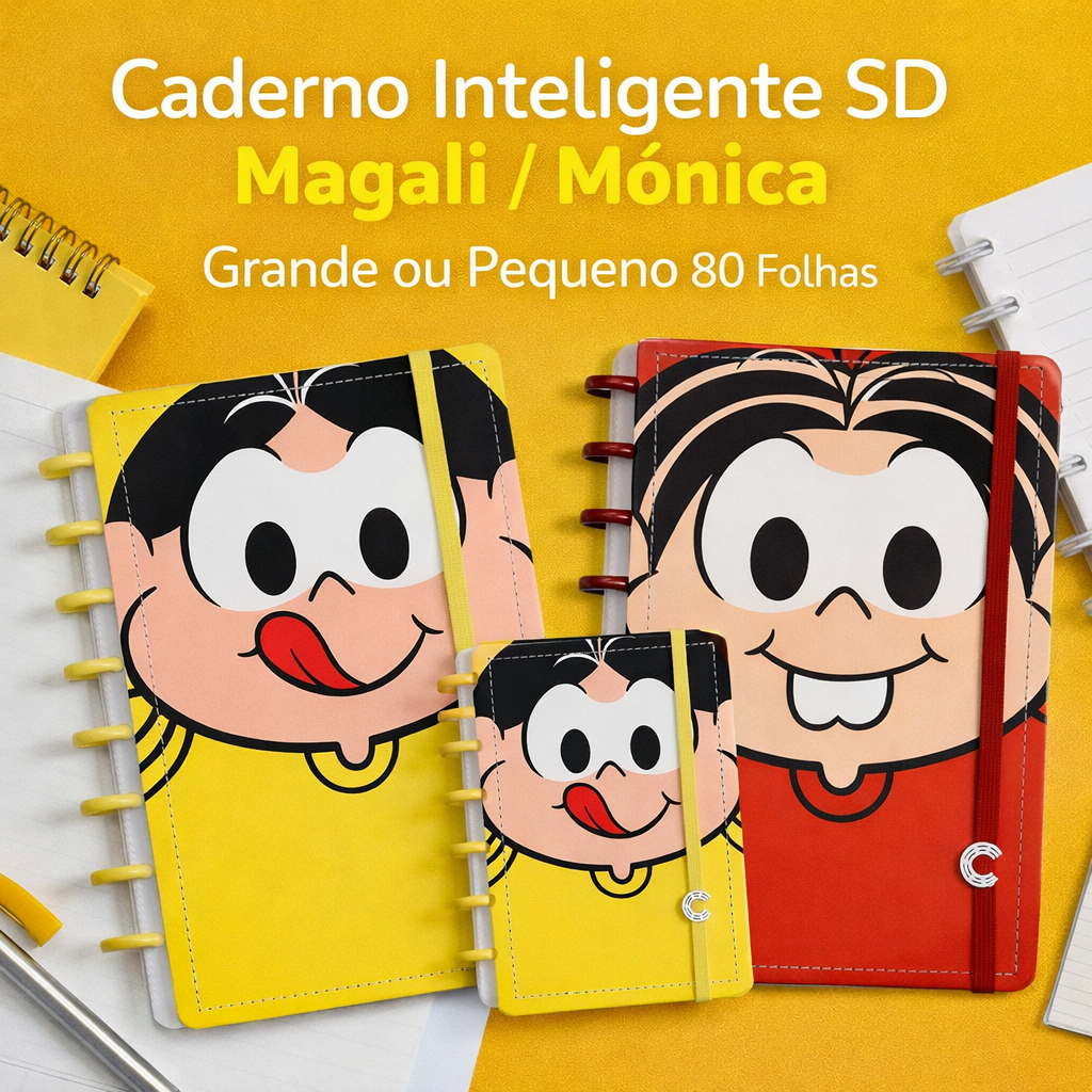Caderno Inteligente SD Magali/ Mônica Grande ou Pequeno 80 Folhas Turma da Mônica Animativa