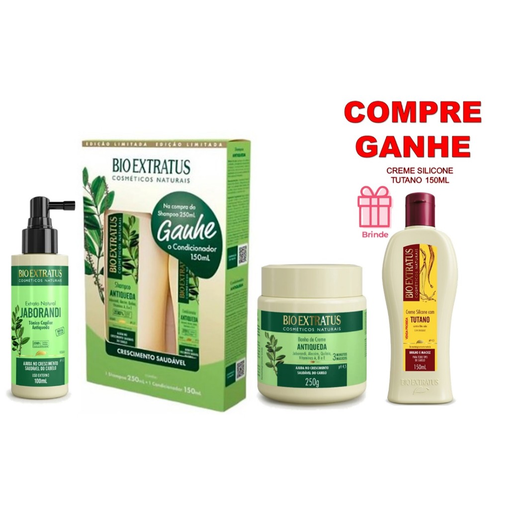 KIT ANTIQUEDA JABORANDI BIO EXTRATUS  SH 250ml+COND 150ml +BANHO 250G+TÔNICO 100ML+ BRINDE CR SILICONE 150ML em Oferta na Shopee