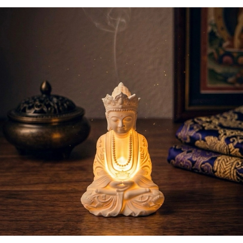 Imagem Luminária Buda Namastê Abajur Decorativo Com Vela LED Inclusa Impressão 3D Cantinho Zen Quarto Sala