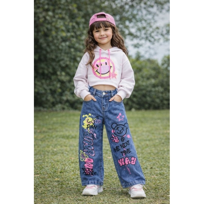 Calça Jeans Wide Leg Infantil Estampada Menina Cintura Ajustável Confortável Moda Kids em Oferta na Shopee