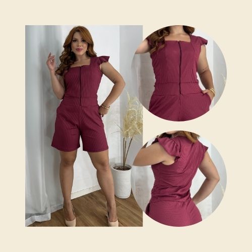 Macaquinho Feminino com Aba nos Ombros Malha Canelada com Bolso Zíper Frontal  do M ao GG