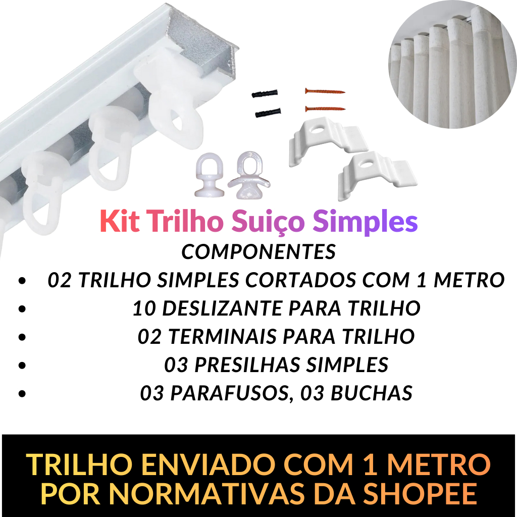 Trilho Suíço Max Simples de Alumínio para Cortina Pintura Eletrostática, Ideal Para Sala, Quarto e Escritorio 2,0 METROS