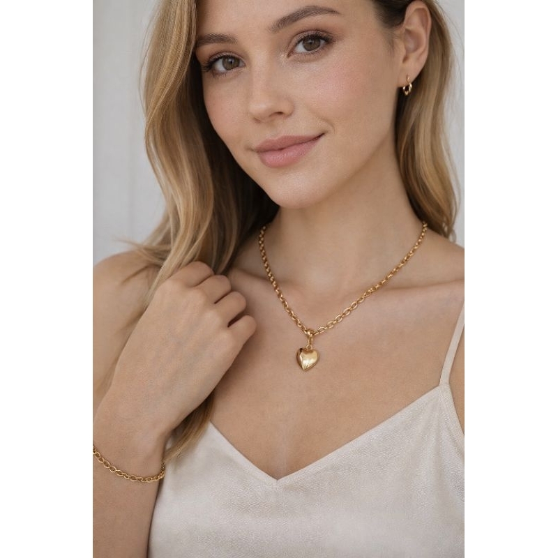 Conjunto Colar e Pulseira Feminino Elo Português com Pingente Coração Banho Ouro 18k Semijoia