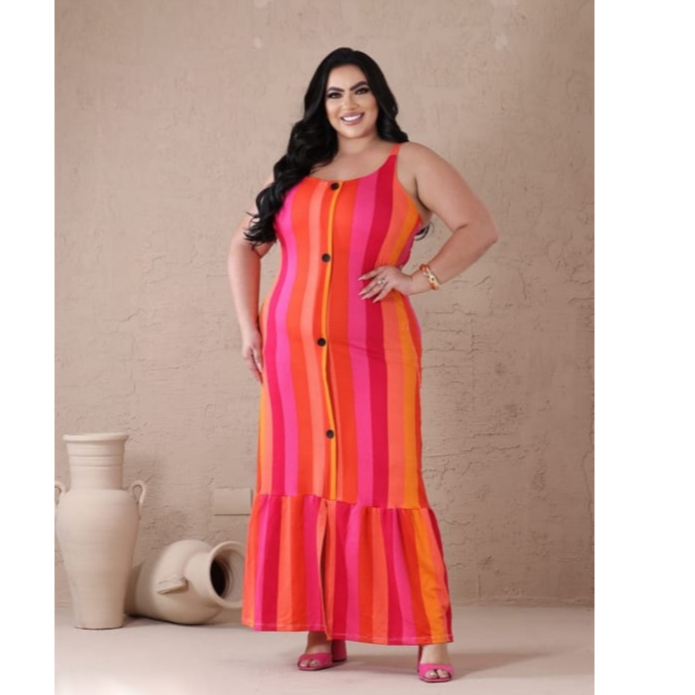 Vestido Feminino Longo Plus Size tamanho Grande Malha Listrado