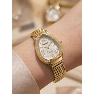 Relógio Feminino Oval Formato Cobra Pulseira Flexível Dourado Relógio Gota Com Pedras Luxo
