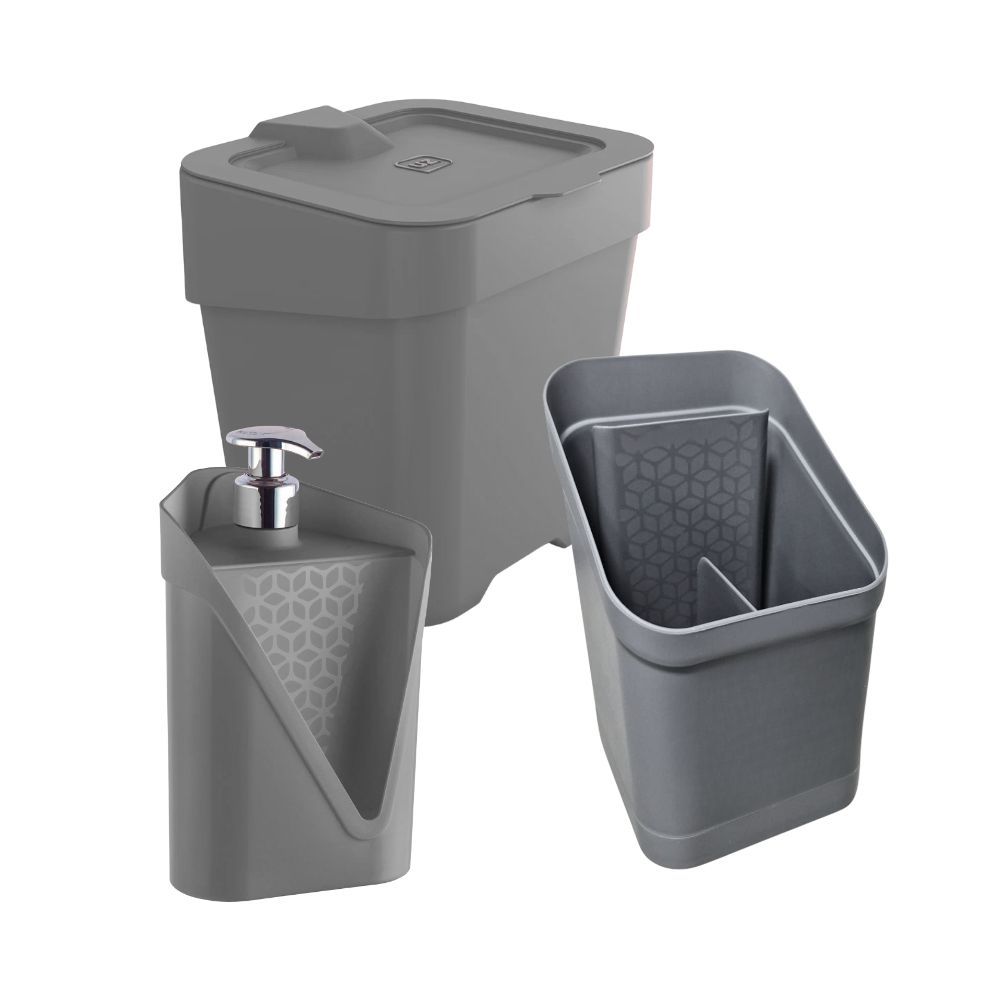 Kit 2/3 Peças Lixeira 2,5L, Dispenser Click Detergente 500ml, Escorredor de Talheres Cozinha/Kit 2 Peças