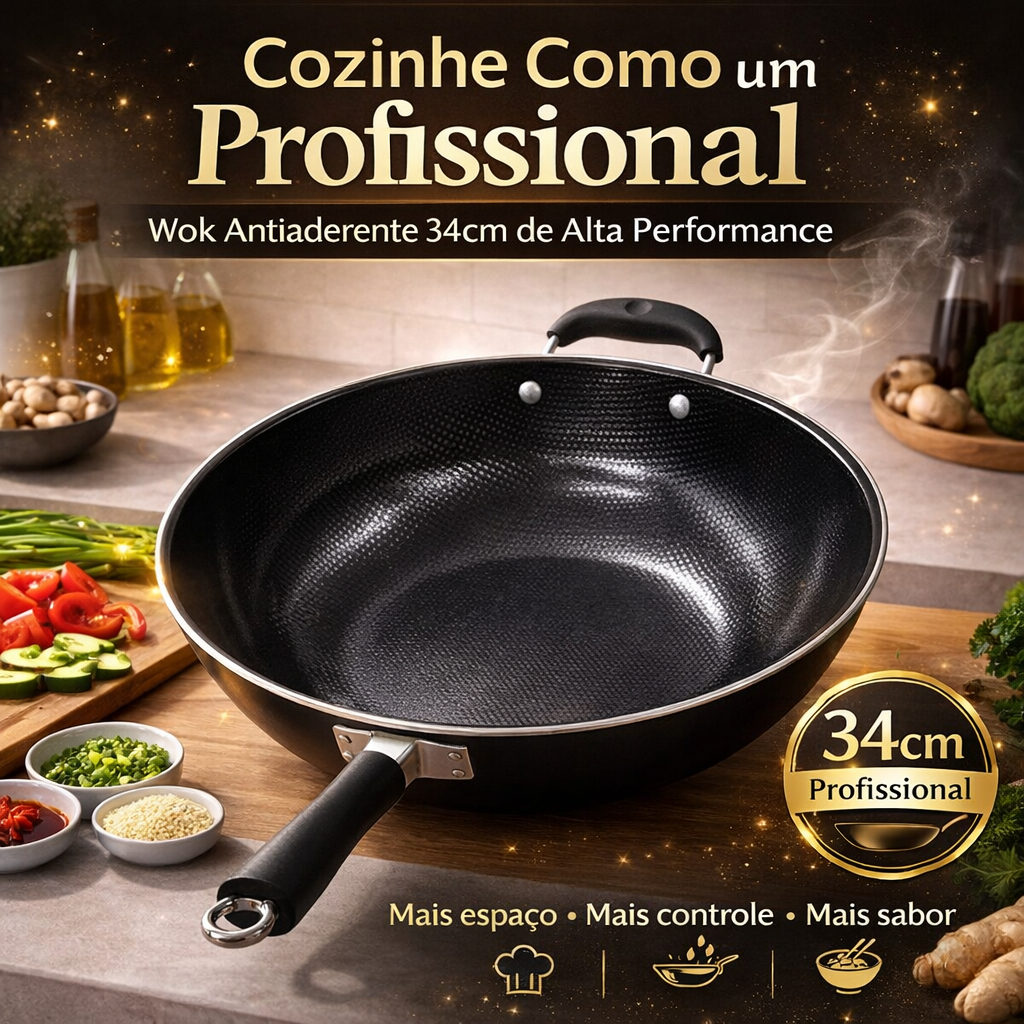 Imagem Frigideira Wok Profissional 34cm Antiaderente Panela Grande para Yakisoba Refogados e Frituras