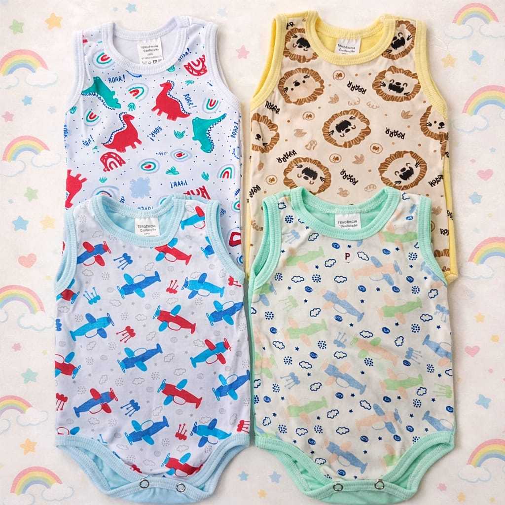 kit 4 body confortavel  Regata estampas personalizadas  Menina e menino algodão