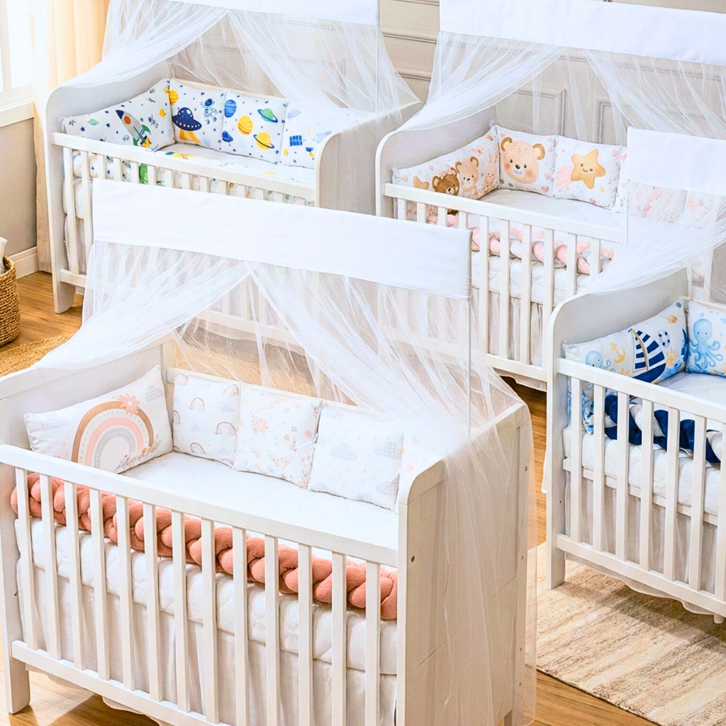 Kit Berço Americano 10 Peças Completo c/ Mosquiteiro Trança Protetora | Enxoval Bebê Menino e Menina