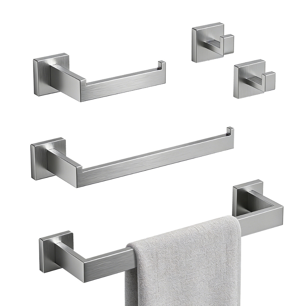 Kit Acessórios para Banheiro 5 Peças em Aço Inox 304 Toalheiro Porta Papel Higiênico e Ganchos
