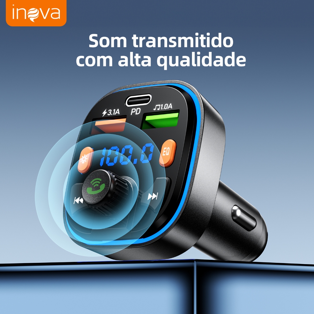 INOVA Adaptador Veicular QC3.0 + Bluetooth 5.0: Transmissor FM, MP3 Player, Áudio Estéreo Modulação em Oferta na Shopee
