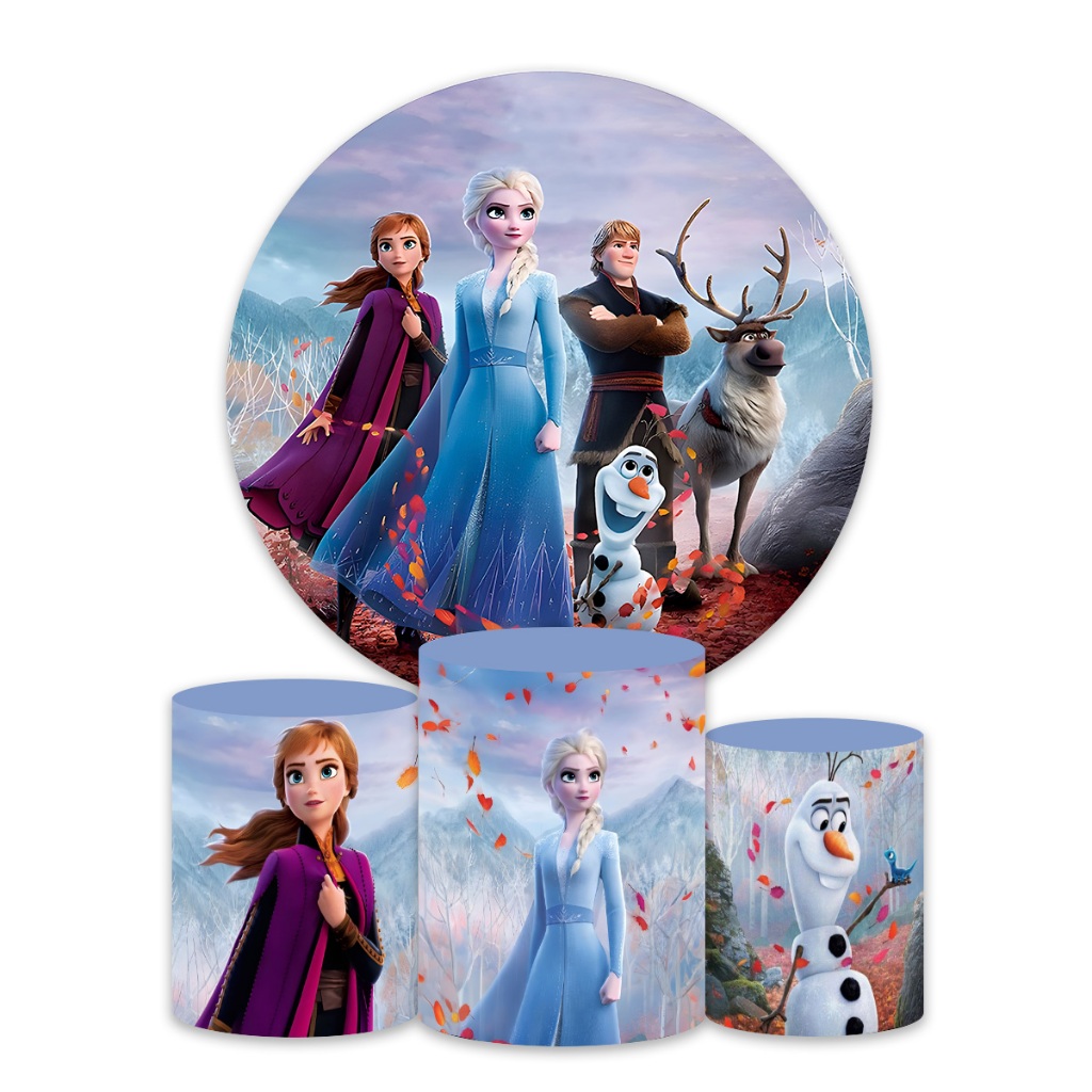 Detalhes do Kit Painel Redondo + Trio Capas Cilindro Sublimado 150x150 Completo Varios Temas Frozen