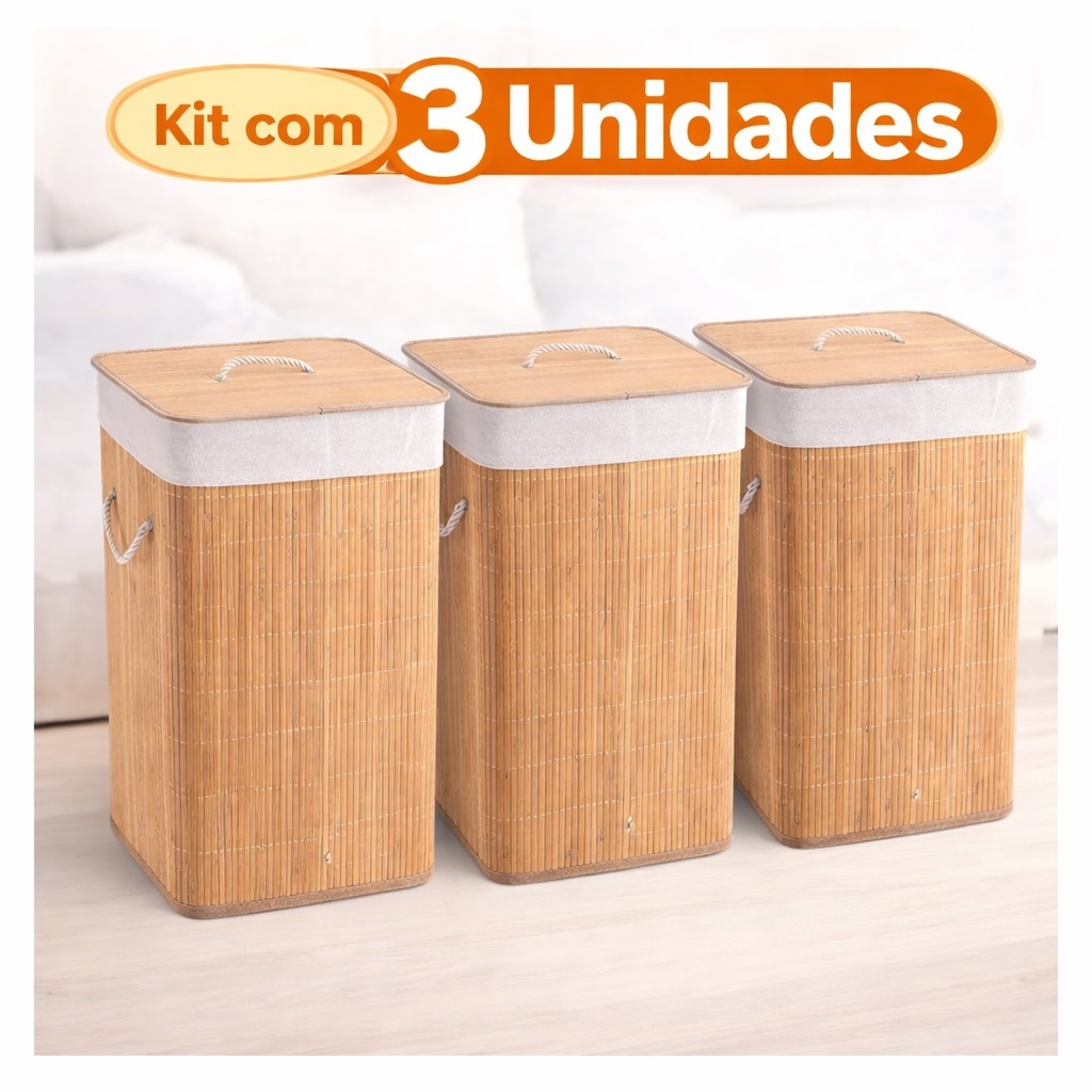 Kit 3 Cesto De Roupa Suja De Bambu Bege Dobrável Com Alças Malular 70L