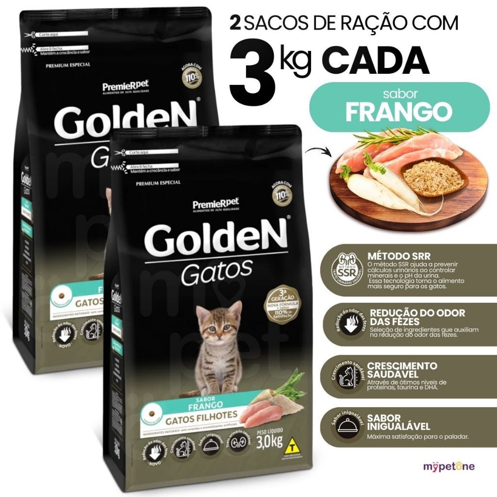 2 Ração Premier Golden para Gatos Filhotes Sabor Frango 3kg