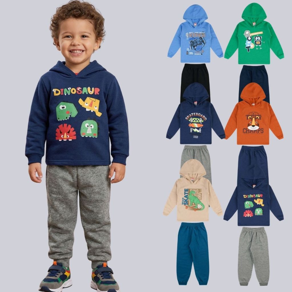kit 08 peças Conjunto Moletom Infantil Menino Roupas Inverno Frio Masculino Bebe Calça Casaco Capuz