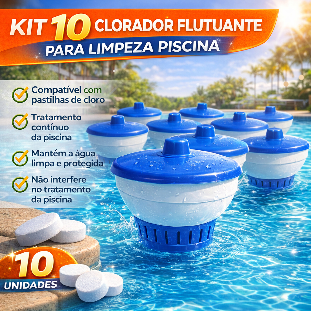 Kit 10 Clorador Flutuante para Piscina Pastilha Cloro 200g Dosador Regulável Limpeza Tratamento Água Piscina