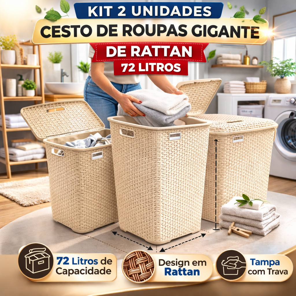 Kit 2 Cesto Roupa Suja 72L Rattan com Tampa Grande Organizador Lavanderia Banheiro Quarto Plástico Resistente em Oferta na Shopee