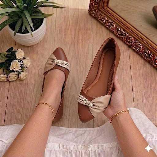 Sapatilha Feminina Mocassim Confortável Bico Fino Sapatilha Terracota Cordão Trançado Elegante