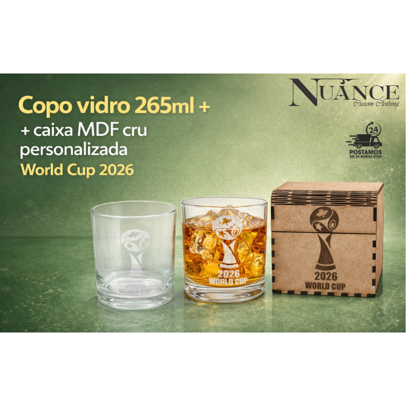 Copo Whisky 265ml + Caixa MDF Cru Personalizada Tema Copa  do mundo 2026 / "ANUNCIO SEM NOME GRAVADO"