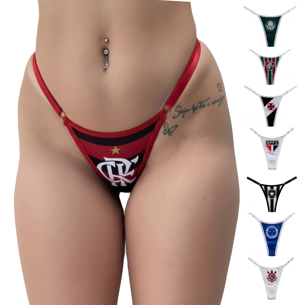 Kit 3 Calcinhas Femininas Fio Dental Estampa Futebol com Regulagem Time em Oferta na Shopee