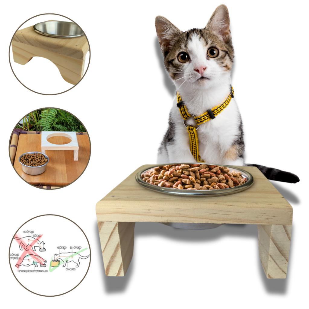 Comedouro Elevado Gatos Pequeno Porte Agua Ração Madeira Individual em Oferta na Shopee