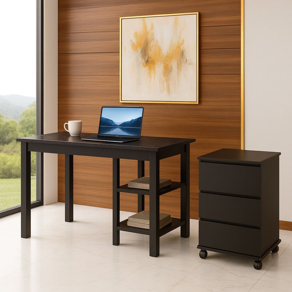 Kit Mesa Office Compacta + Gaveteiro Arquivo Escritório